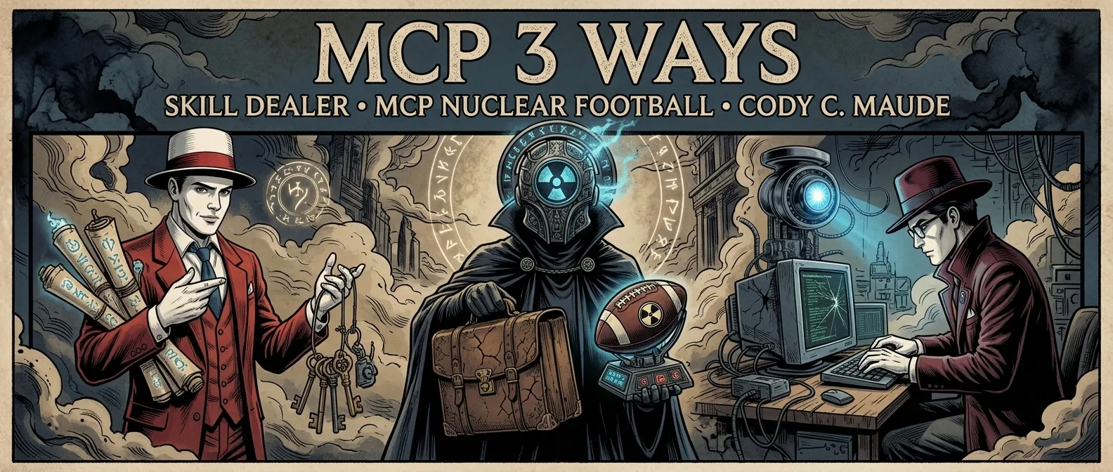 Three figures in a dark, Sandman-esque realm - The Skill Dealer, The Nuclear Football, and Codey C. Maude - standing before swirling constellations of MCP tool connections